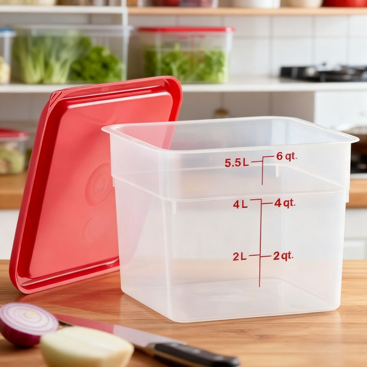 TIGERBEE - 6 Qt Contenedor Hermético de Polipropileno ​​Traslúcido​​ para Alimentos​,Tapa roja,Forma Cuadrado