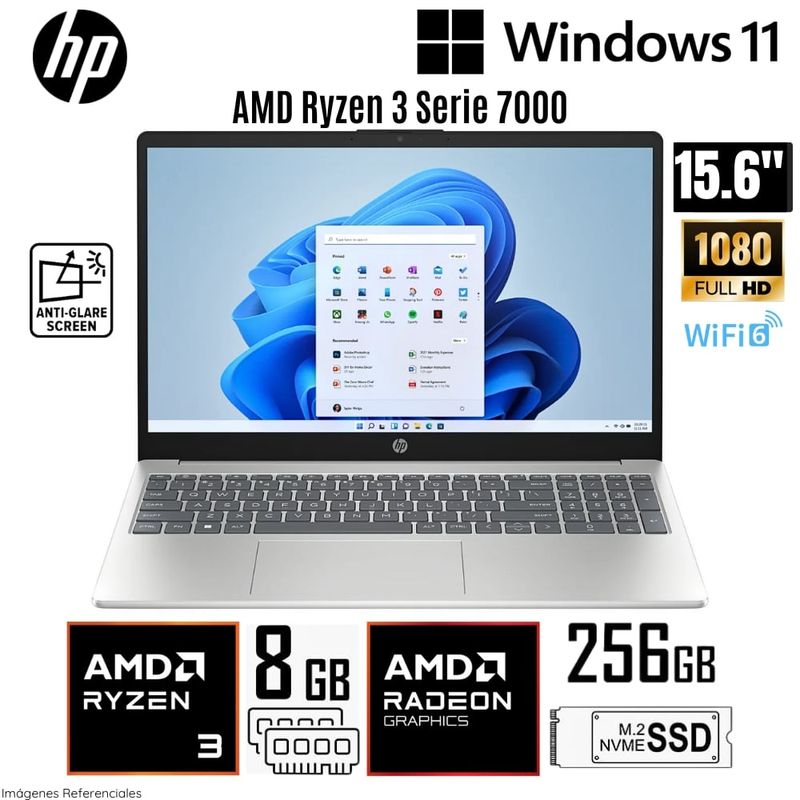 HP - Laptop HP 15-FC0005LA  AMD Ryzen 3-7320U 8GB RAM 256GB SSD 15.6" FHD Natural silver