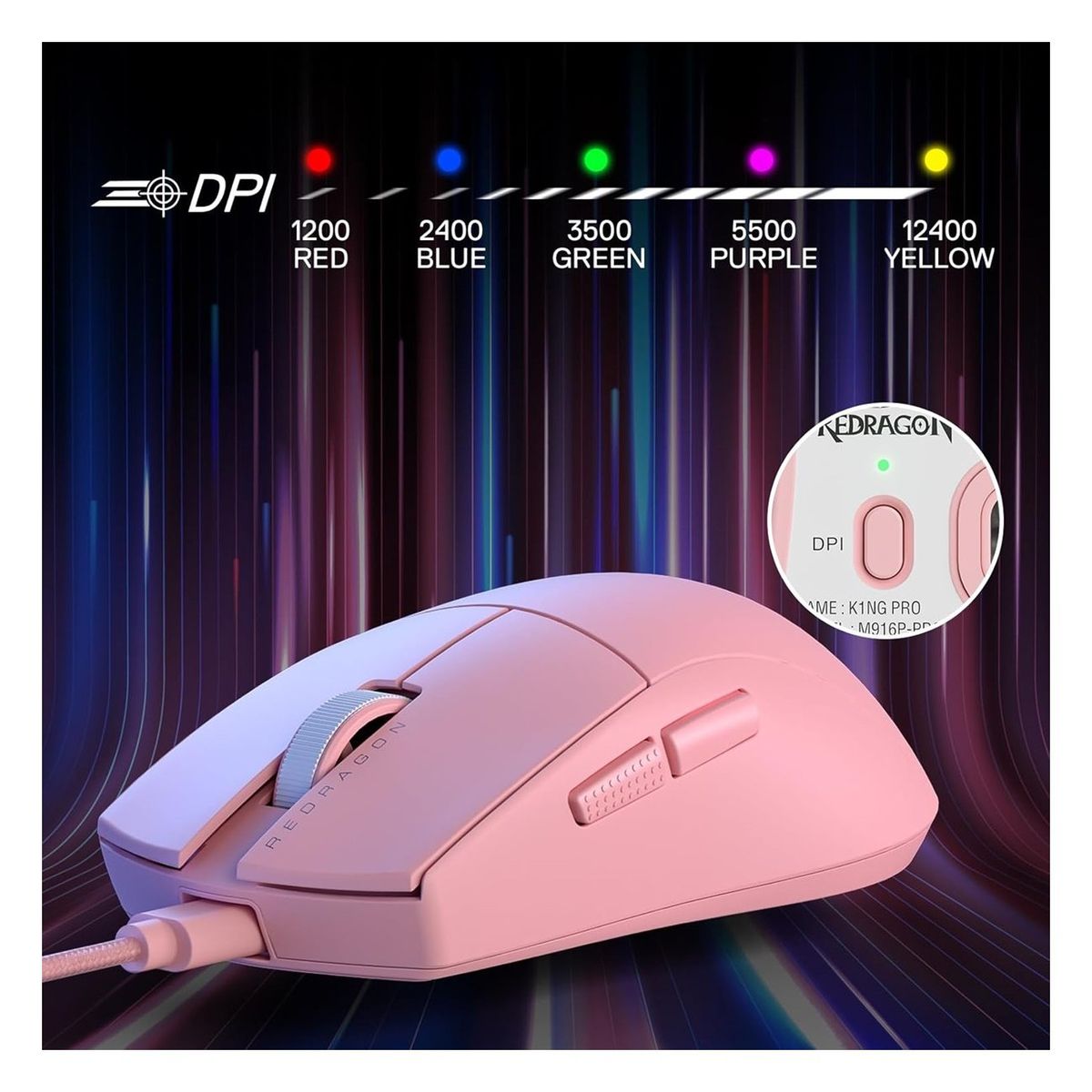 REDRAGON - Redragon - Mouse K1NG 1K M724 12400 DPI - Rosado