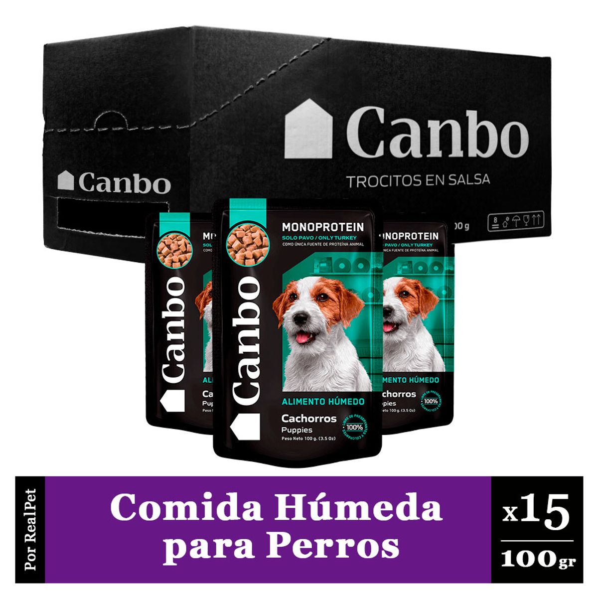 CANBO - Pack Caja x15 Comida Húmeda Perro Cachorro Canbo Pavo 100gr
