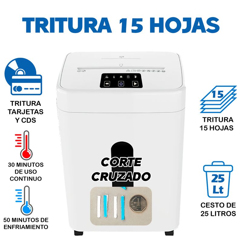 GENERICO - Trituradora de Papel 15 Hojas Corte Cruzado 25 Litros