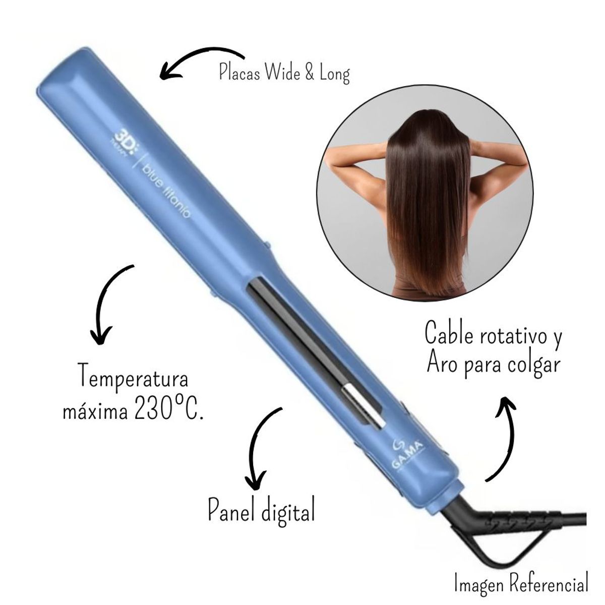 GAMA - Plancha Alisadora Gama Blue Titanio 3D Therapy Ultra ion - Digital
