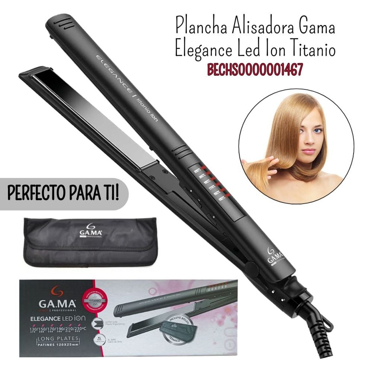 GAMA - Plancha de cabello Gama Elegance Led Ion Titanio + Bolso