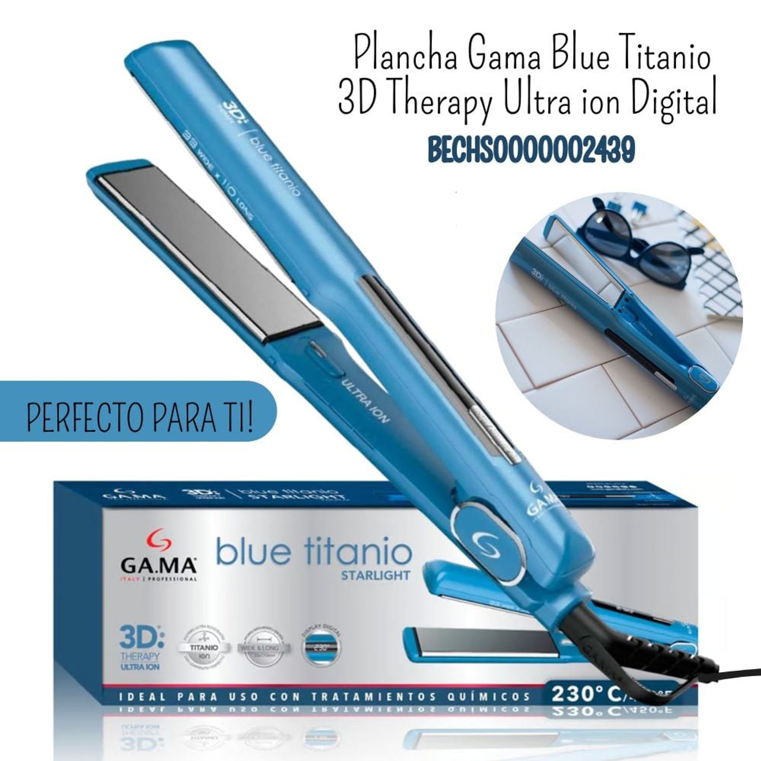 Plancha Alisadora Gama Blue Titanio 3D Therapy Ultra ion Digital