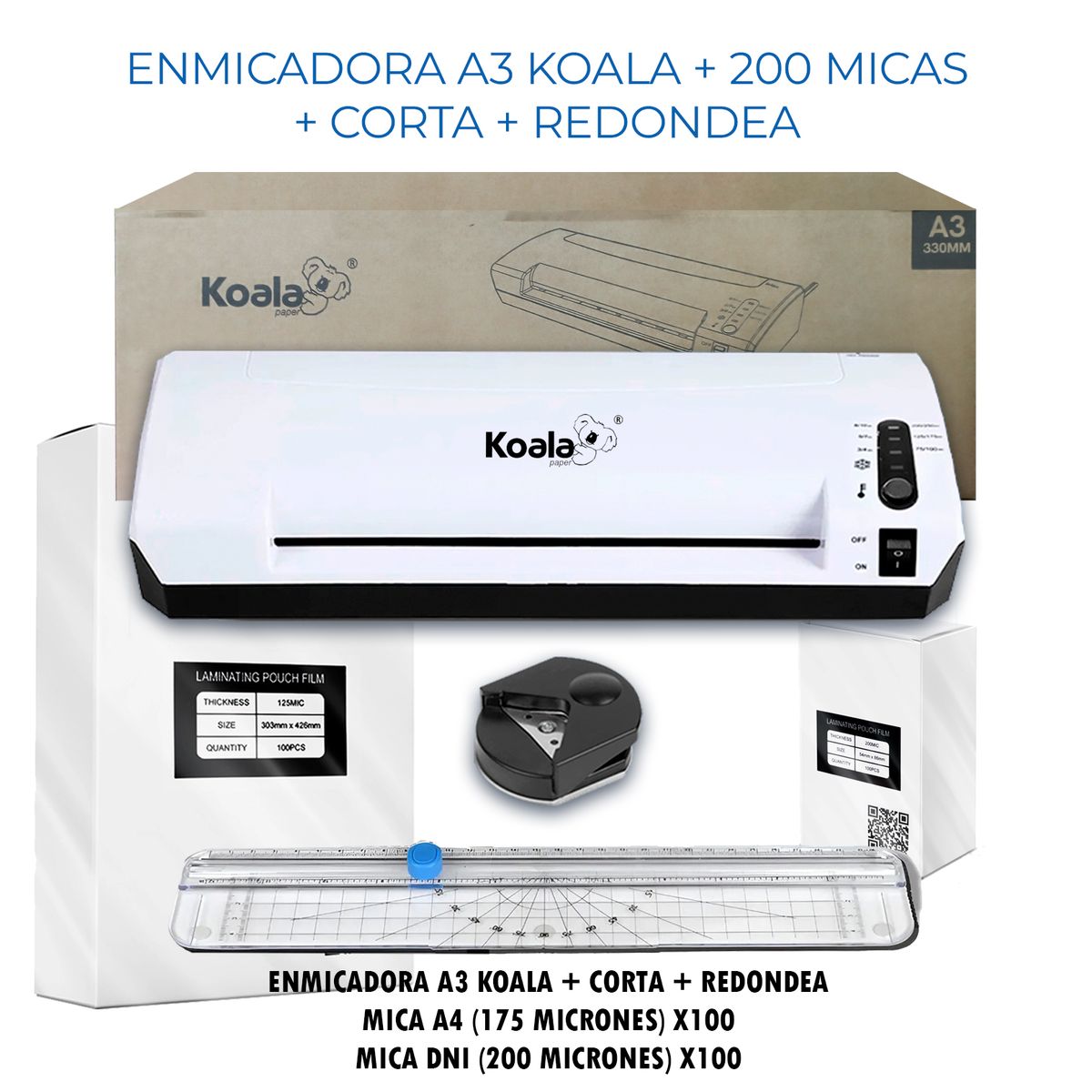 KOALA - Enmicadora A3 + 100 Micas A4 + 100 Carnet + Corta + Redondea