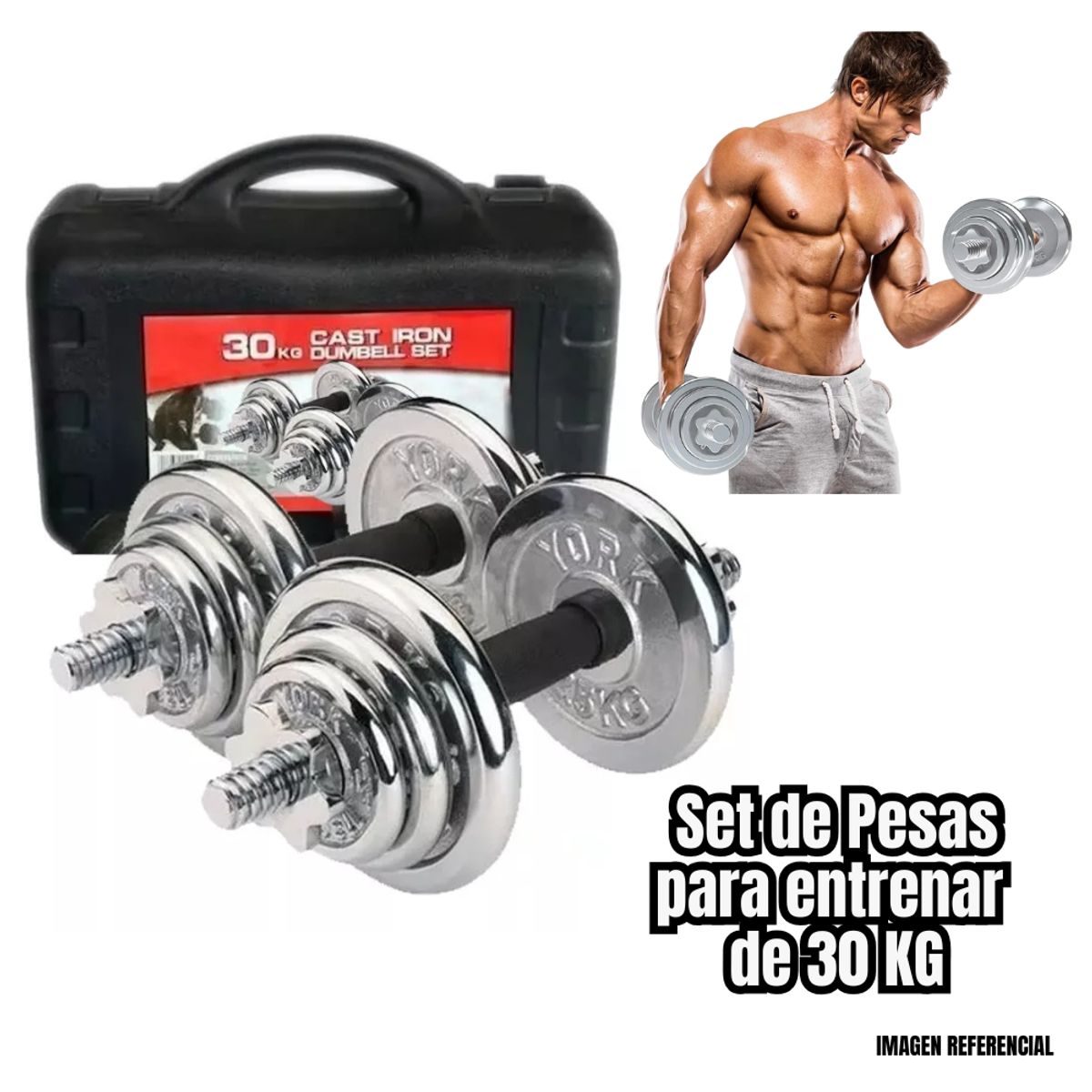 GENERICO - Set de Pesas Maleta York 30Kg Mancuernas Adaptador