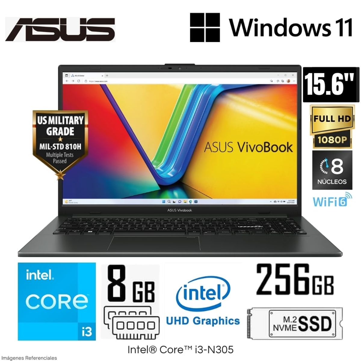 ASUS - Laptop Asus Vivobook E1504GA-NJ191 Intel Core i3-N305 8GB RAM 256GB SSD 15,6 FHD Mixed Black