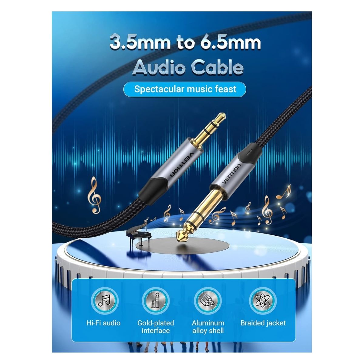 VENTION - Cable Jack 3.5 mm a 6.5 mm Premium 2metros Vention