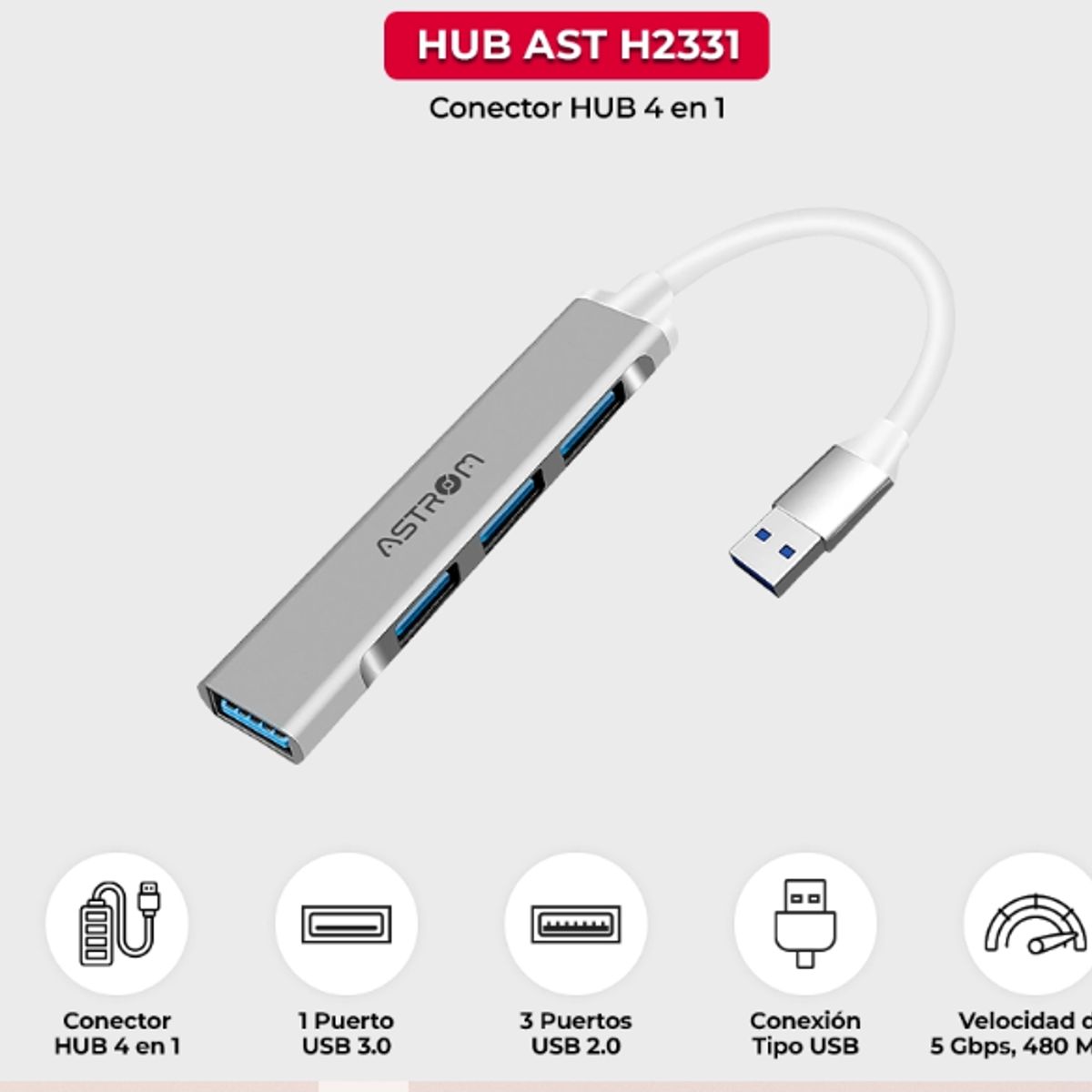 ASTROM - Adaptador HUB USB 4 en 1 AST H2331 1PORT 3.0 3PORTS 2.0 ASTROM