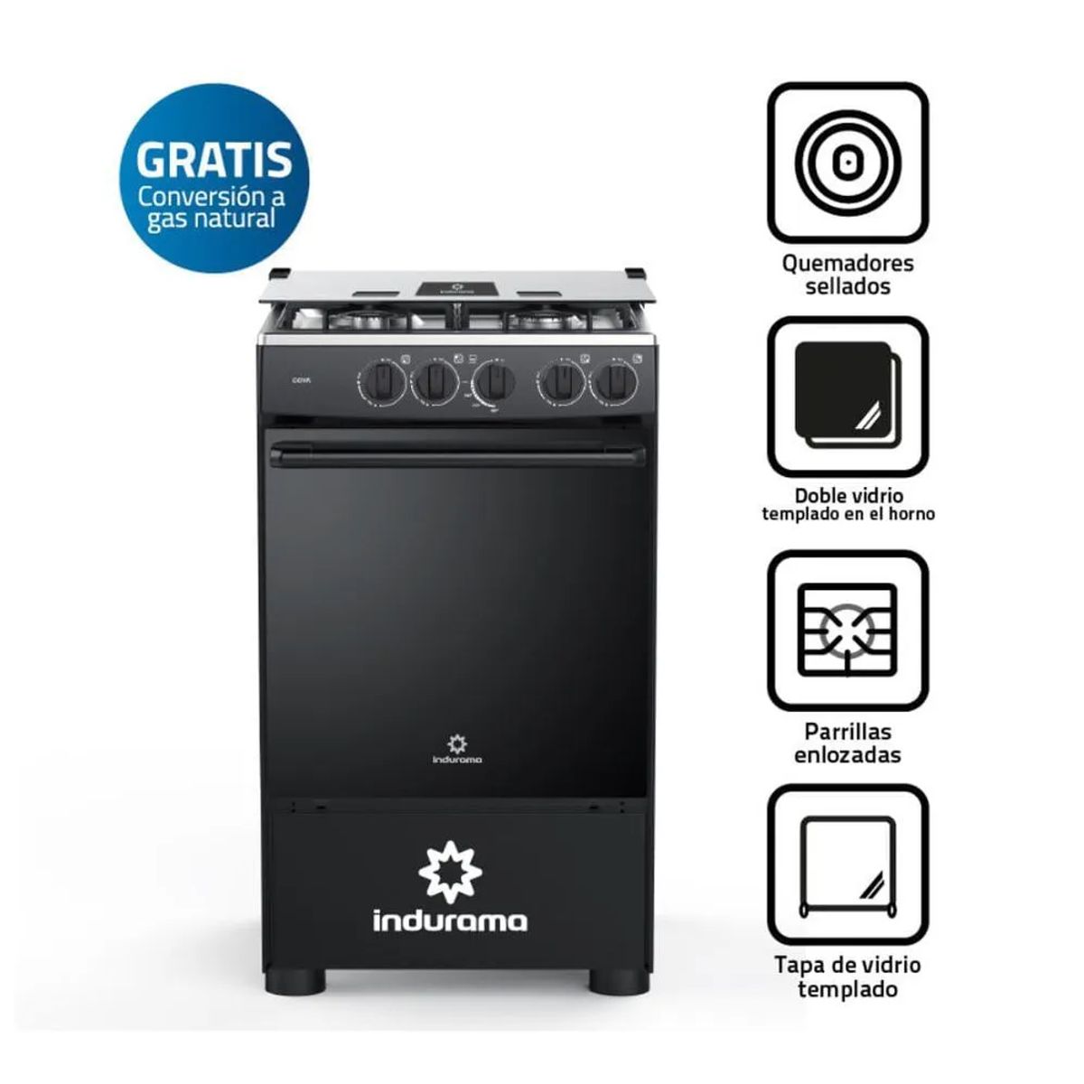 INDURAMA - Cocina a Gas 4 hornillas Negro Indurama Goya