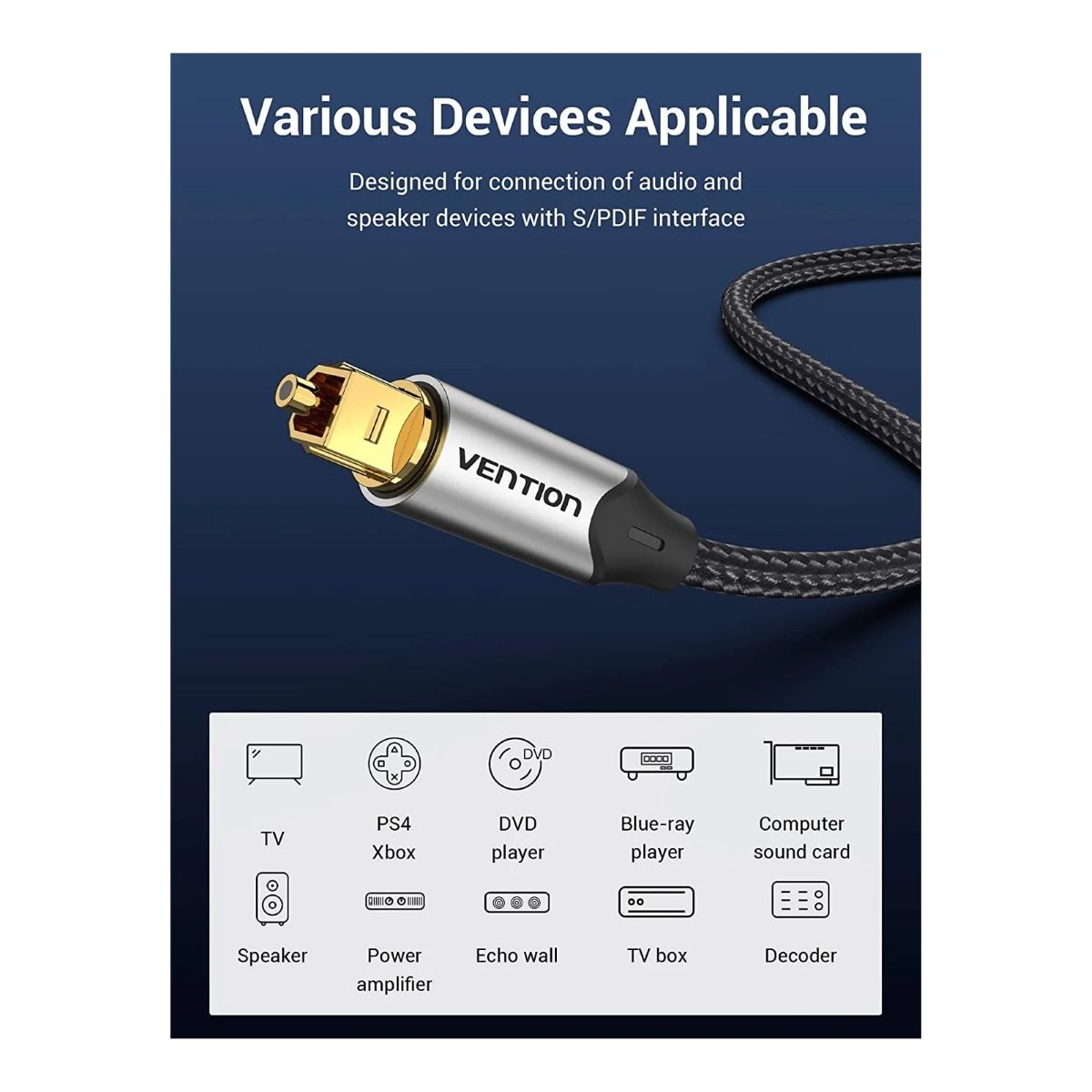 VENTION - Cable Optico Toslink Fibra Optica 2 metros Audio Premium Vention