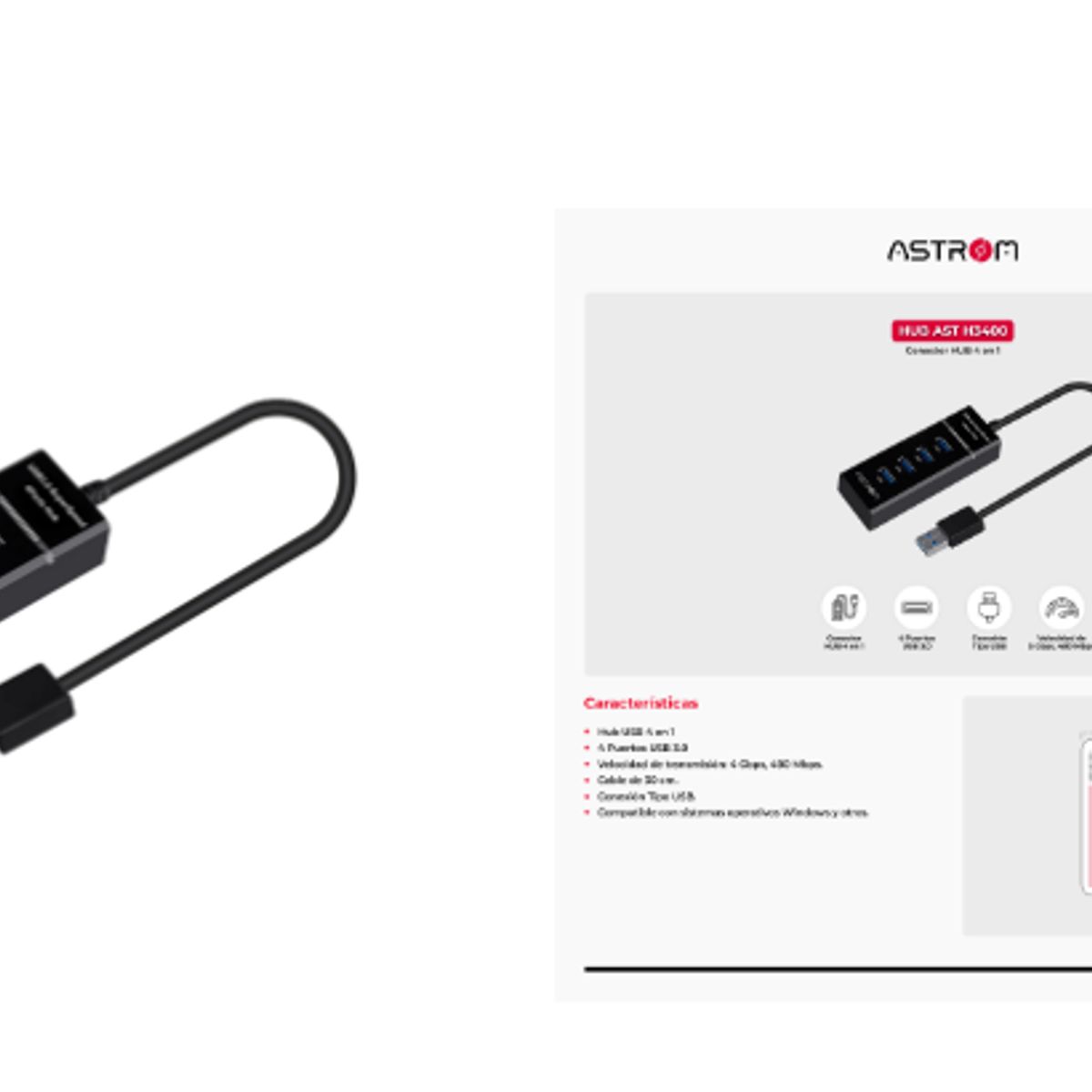 ASTROM - Adaptador HUB USB 4 EN 1 AST H3400 4PORTS 3.0 ASTROM