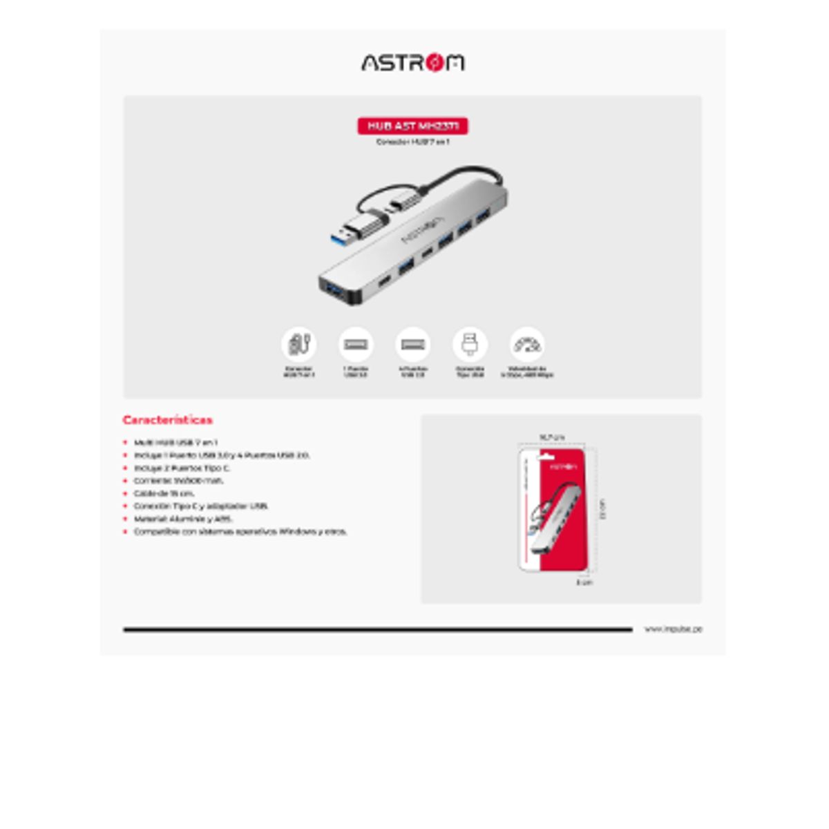 ASTROM - Adaptador HUB USB 7 EN 1 AST MH2371TYPE-C 1PORT 3.0 4PORTS 2.0