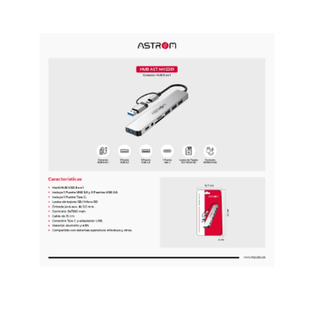 ASTROM - Adaptador HUB USB 8 EN 1 AST MH2381 2PORT TYPE-C 1PORT 3.0