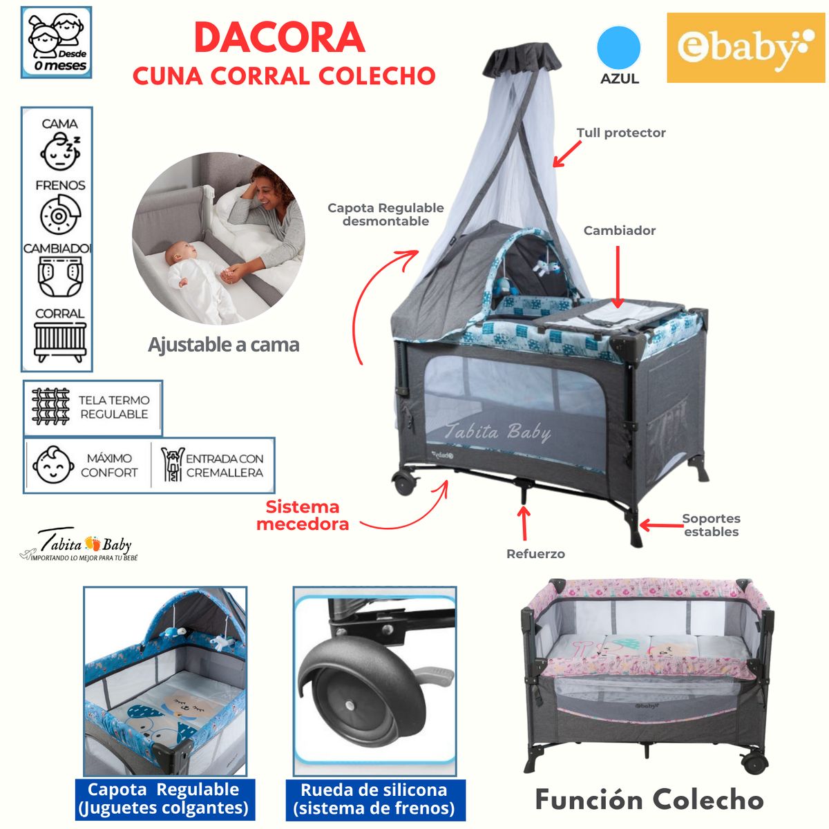 EBABY - Cuna Corral Colecho con mecedora Dacora Azul