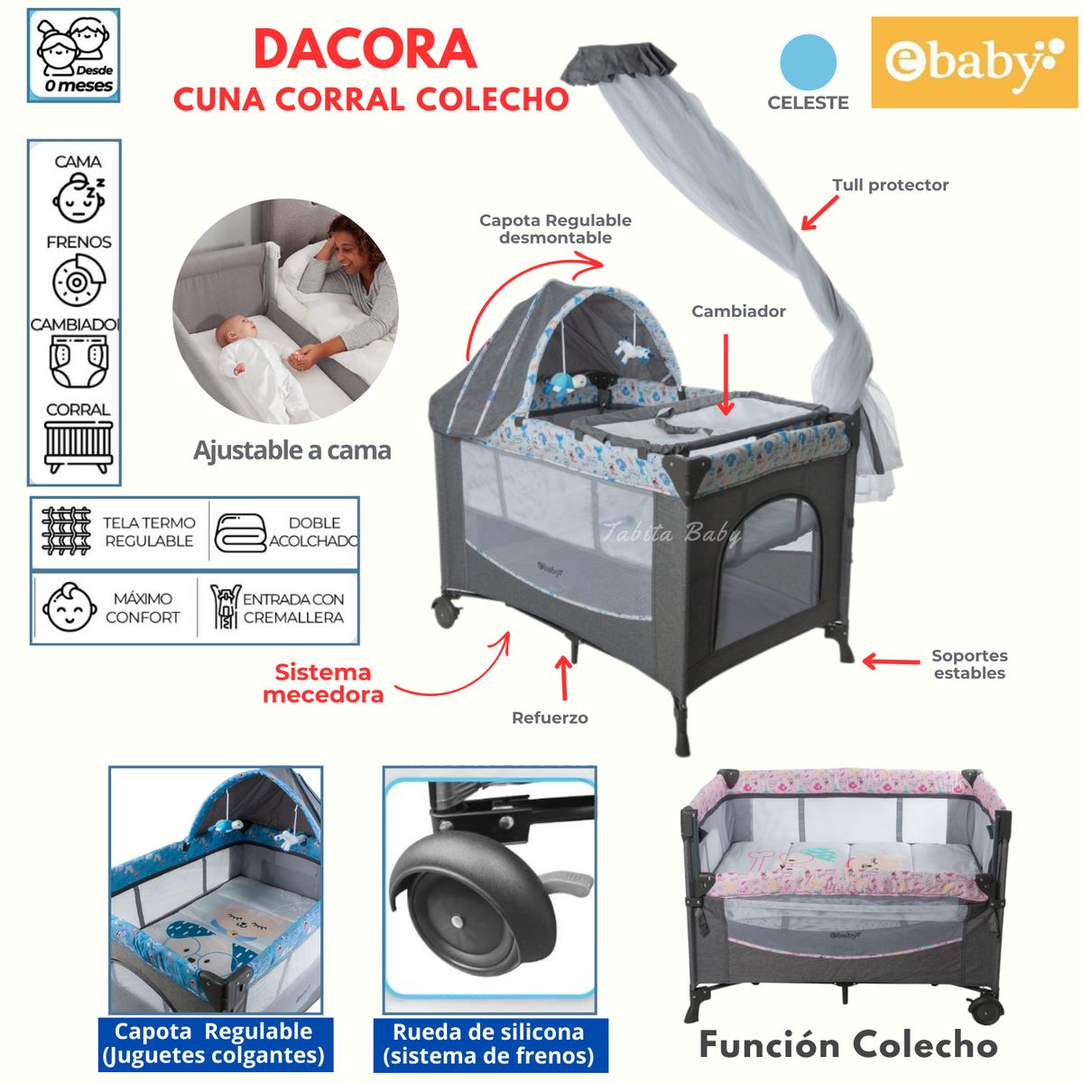 EBABY - Cuna Corral Colecho con mecedora Dacora Celeste