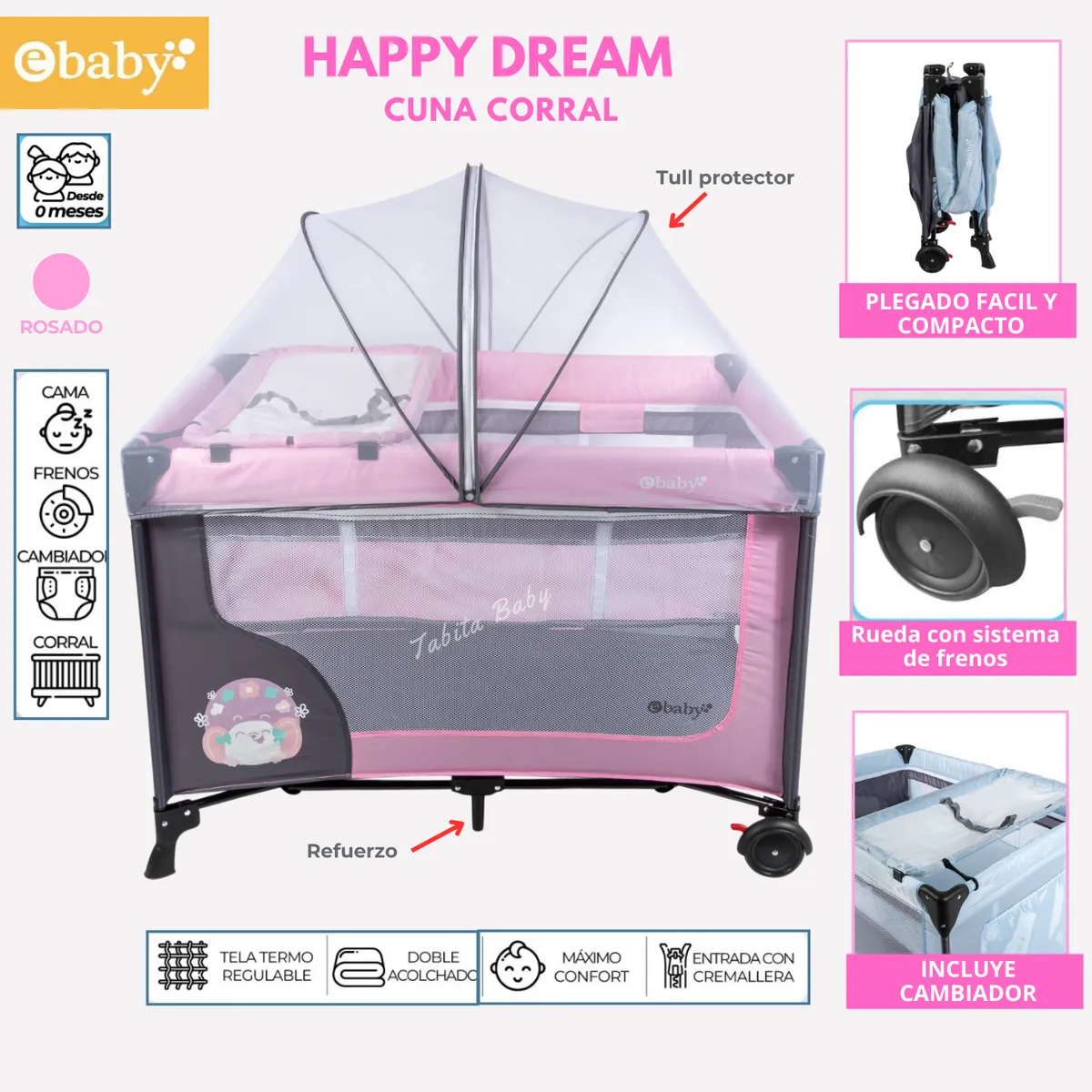 EBABY - Cuna corral con cambiador Happy Dream Rosado