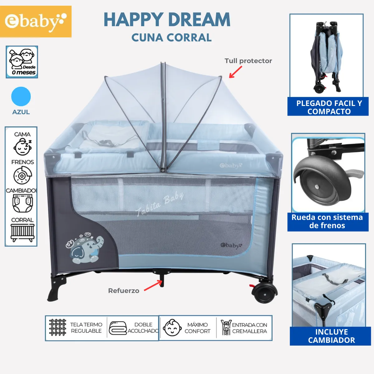 EBABY - Cuna corral con cambiador Happy Dream Azul