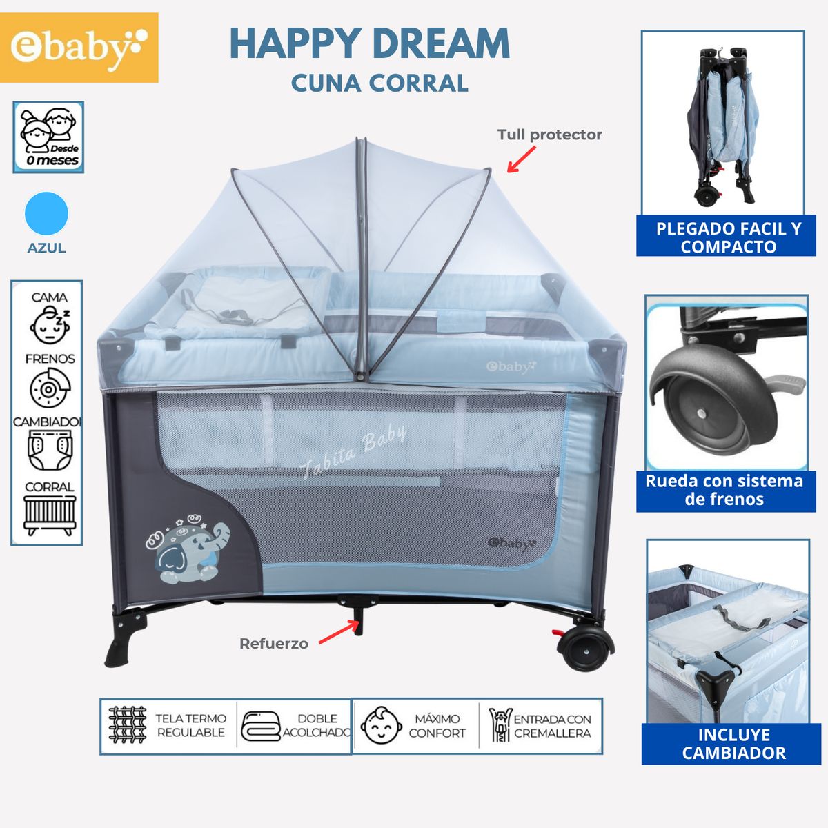 EBABY - Cuna corral con cambiador Happy Dream Azul