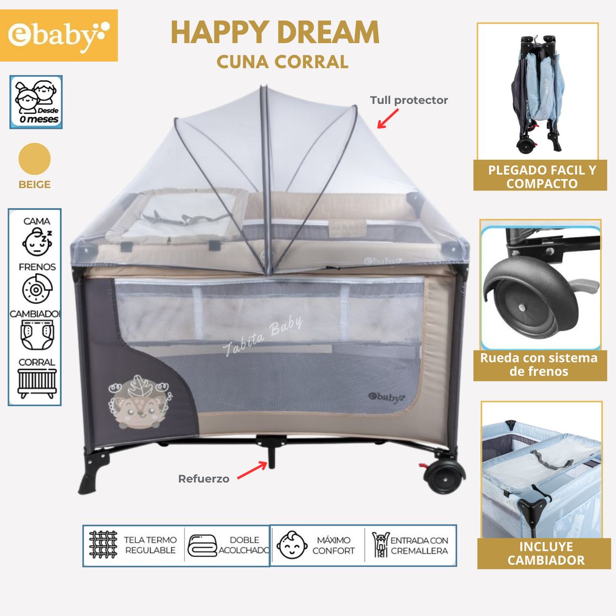 EBABY - Cuna corral con cambiador Happy Dream Beige