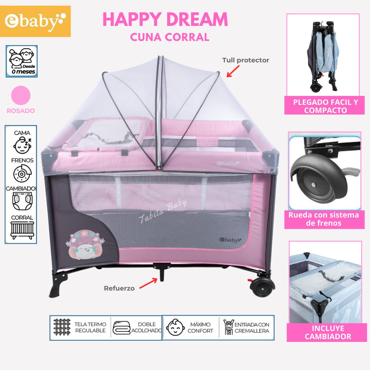 EBABY - Cuna Corral Happy Dream con cambiador Rosado