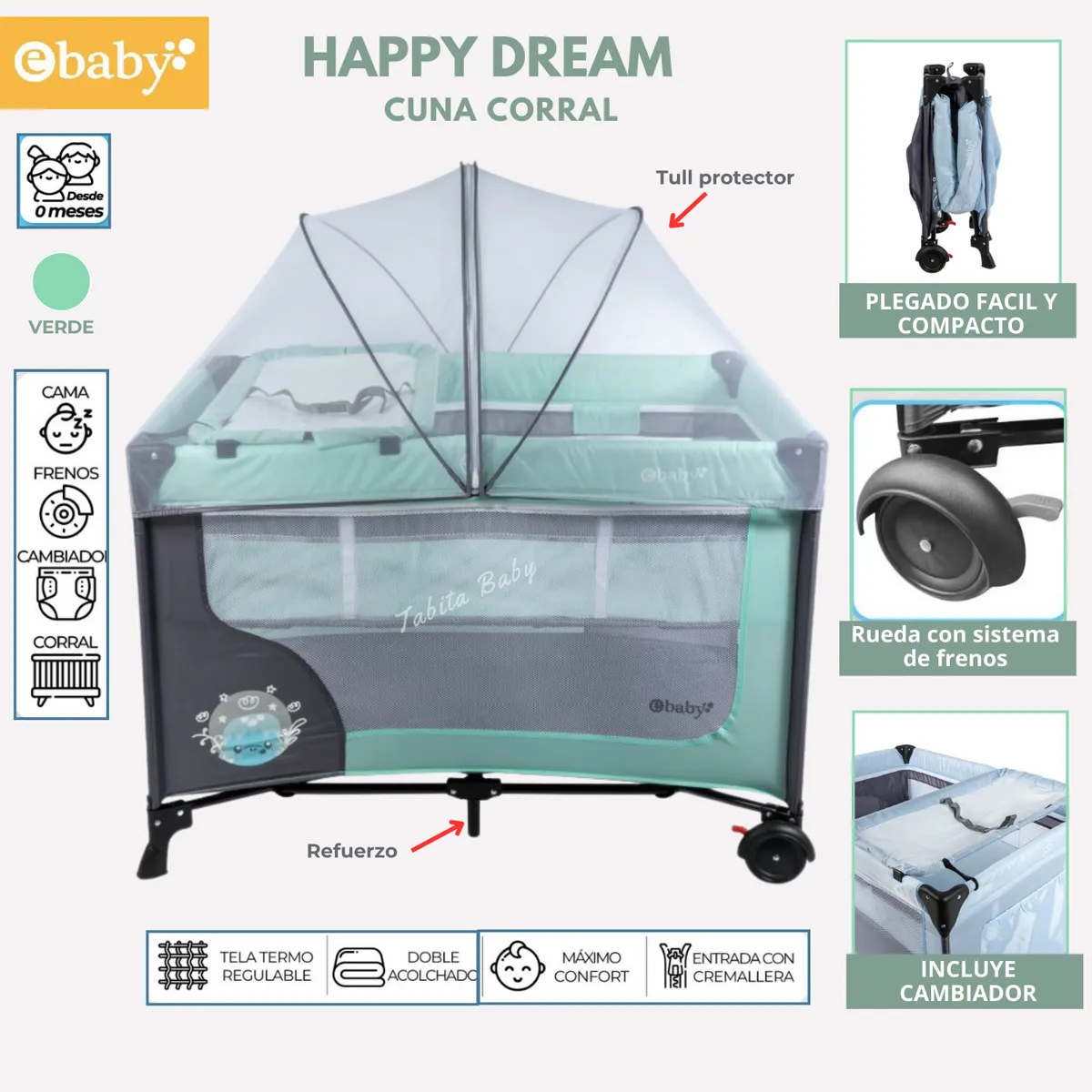 EBABY - Cuna Corral Happy Dream con cambiador Verde