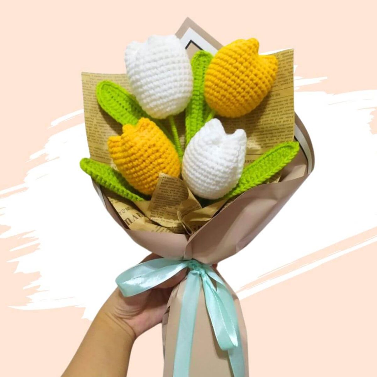 GENERICO - Ramo 04 Tulipanes Eternos Tejidos a Crochet Flores Amarillas