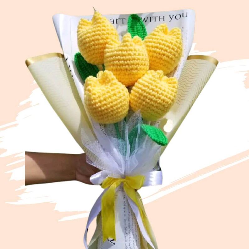 GENERICO - Ramo 05 Tulipanes Eternos Tejidos a Crochet Flores Amarillas