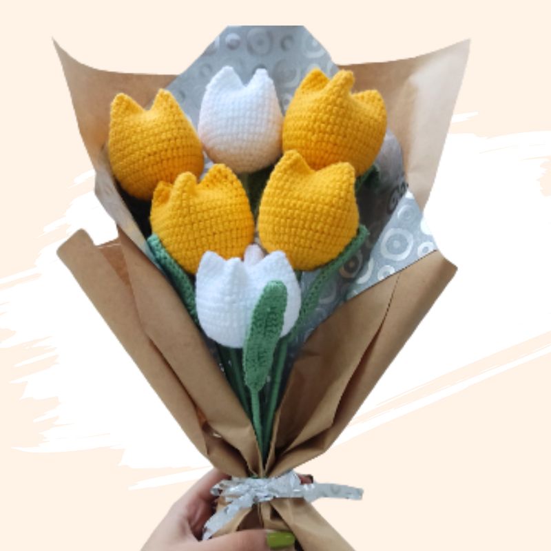 GENERICO - Ramo 06 Tulipanes Eternos Tejidos a Crochet Flores Amarillas