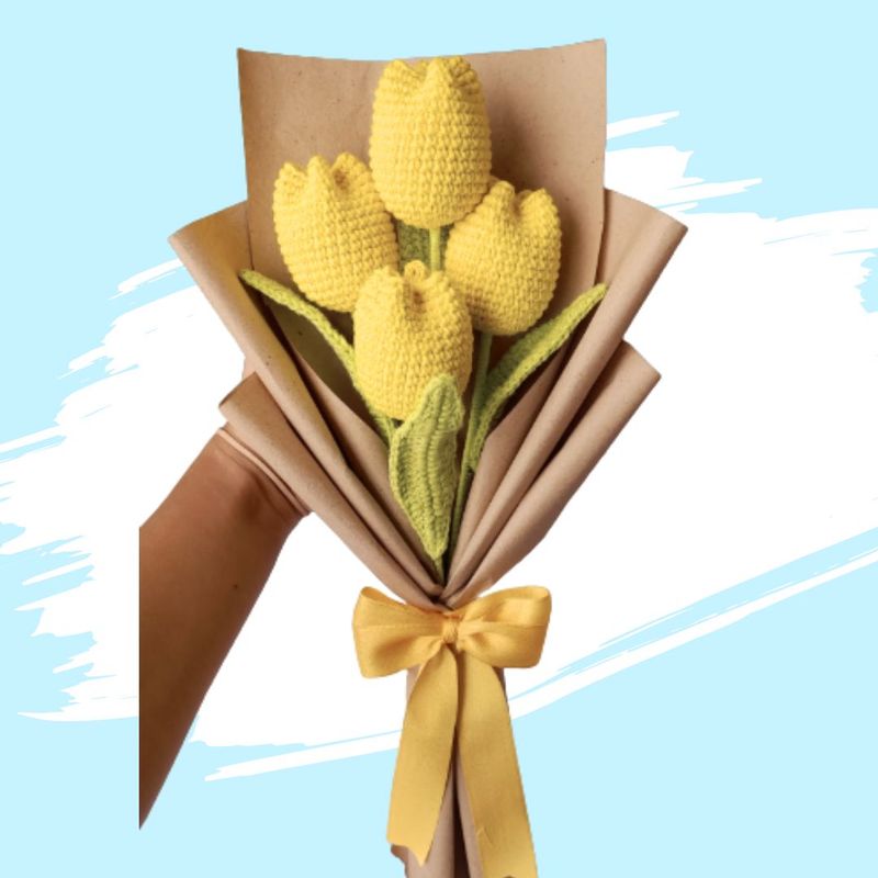 GENERICO - Ramo Tulipanes Eternos Tejidos a Crochet Flores Amarillas