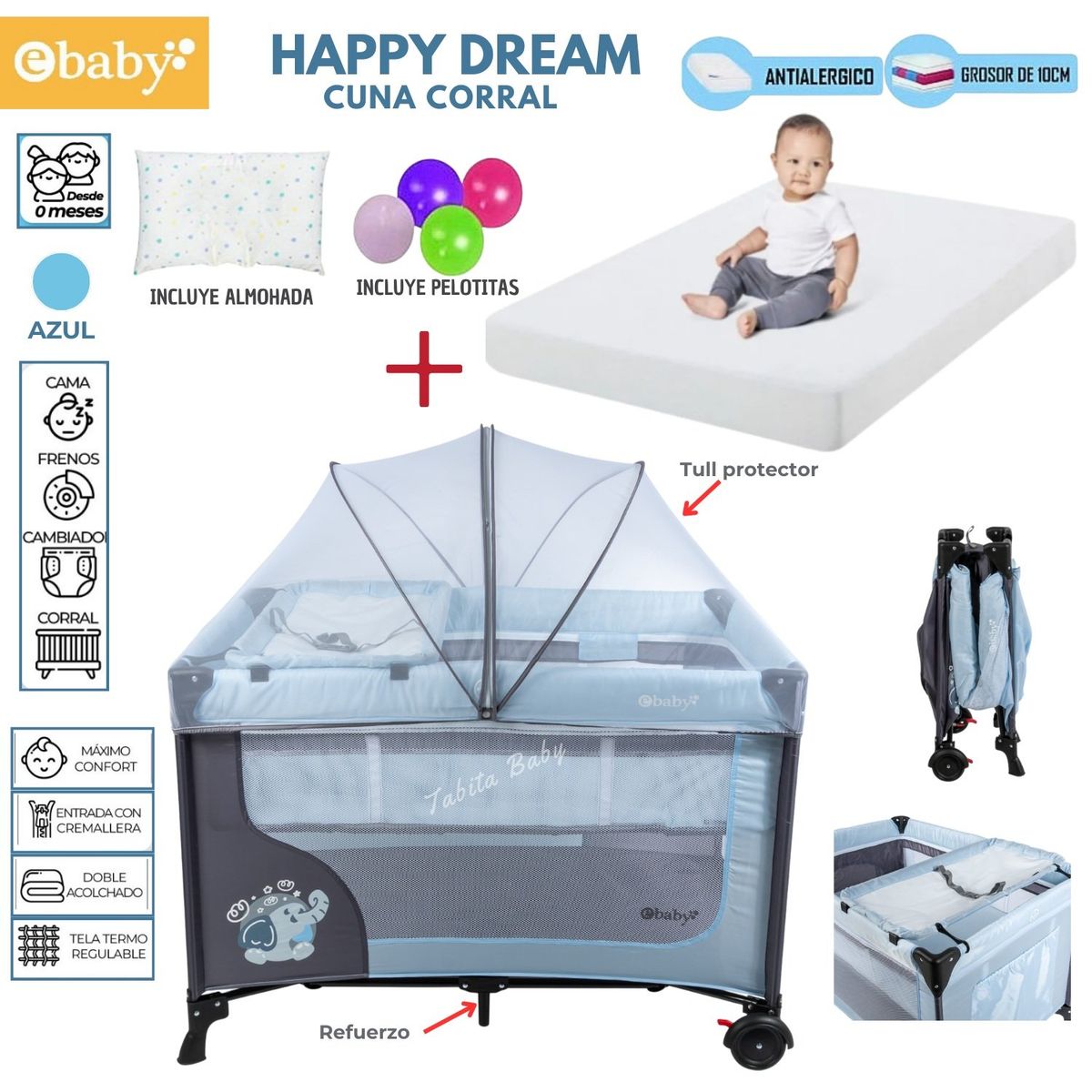 EBABY - Cuna Corral Happy Dream mas Colchon Azul