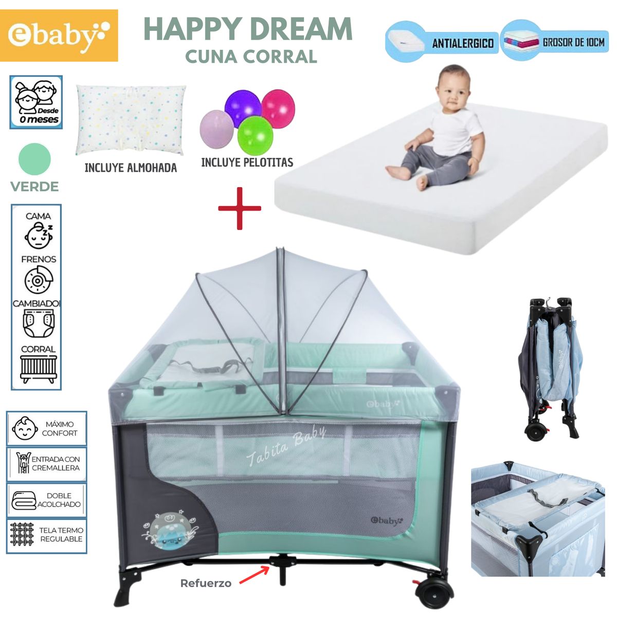 EBABY - Cuna Corral Happy Dream mas Colchon Verde