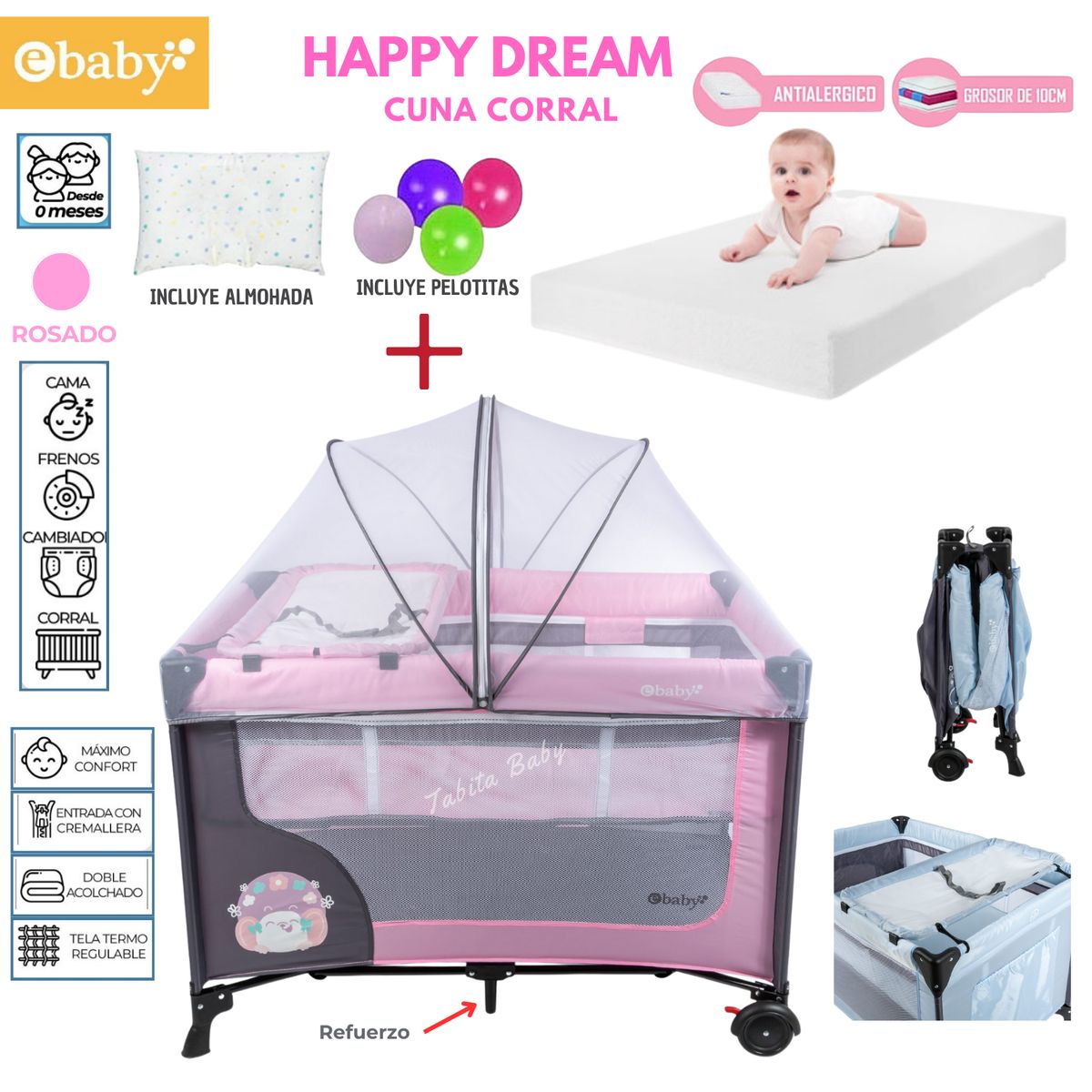 EBABY - Cuna Corral con cambiador Happy Dream mas Colchon Rosado