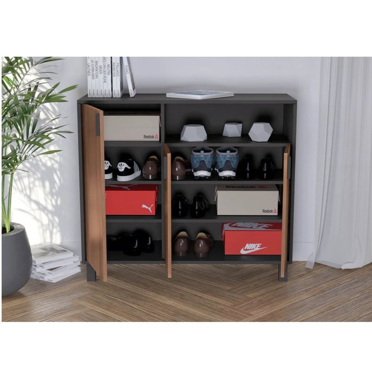 R&R MUEBLES - Zapatera Recibidor Sara 3 Puertas Negro/Marrón R&R MUEBLES