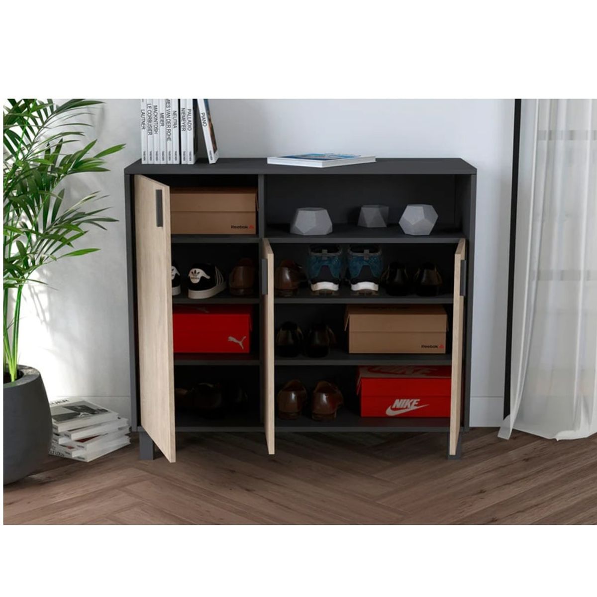 R&R MUEBLES - Zapatera Recibidor Sara 3 Puertas Negro/Roble R&R MUEBLES