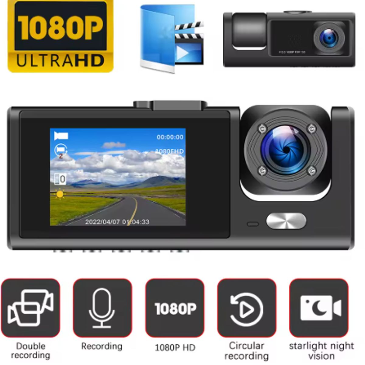 GENERICO - Camara 1080P Triple Frontal Espejo Retroceso para Auto