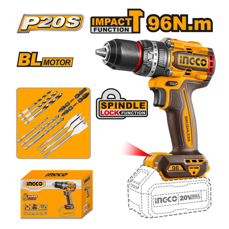 INGCO TOOLS - TALADRO PERCUTOR BRUSHLESS CHUCK METÁLICO INGCO 20V 96NM CIDLI209681