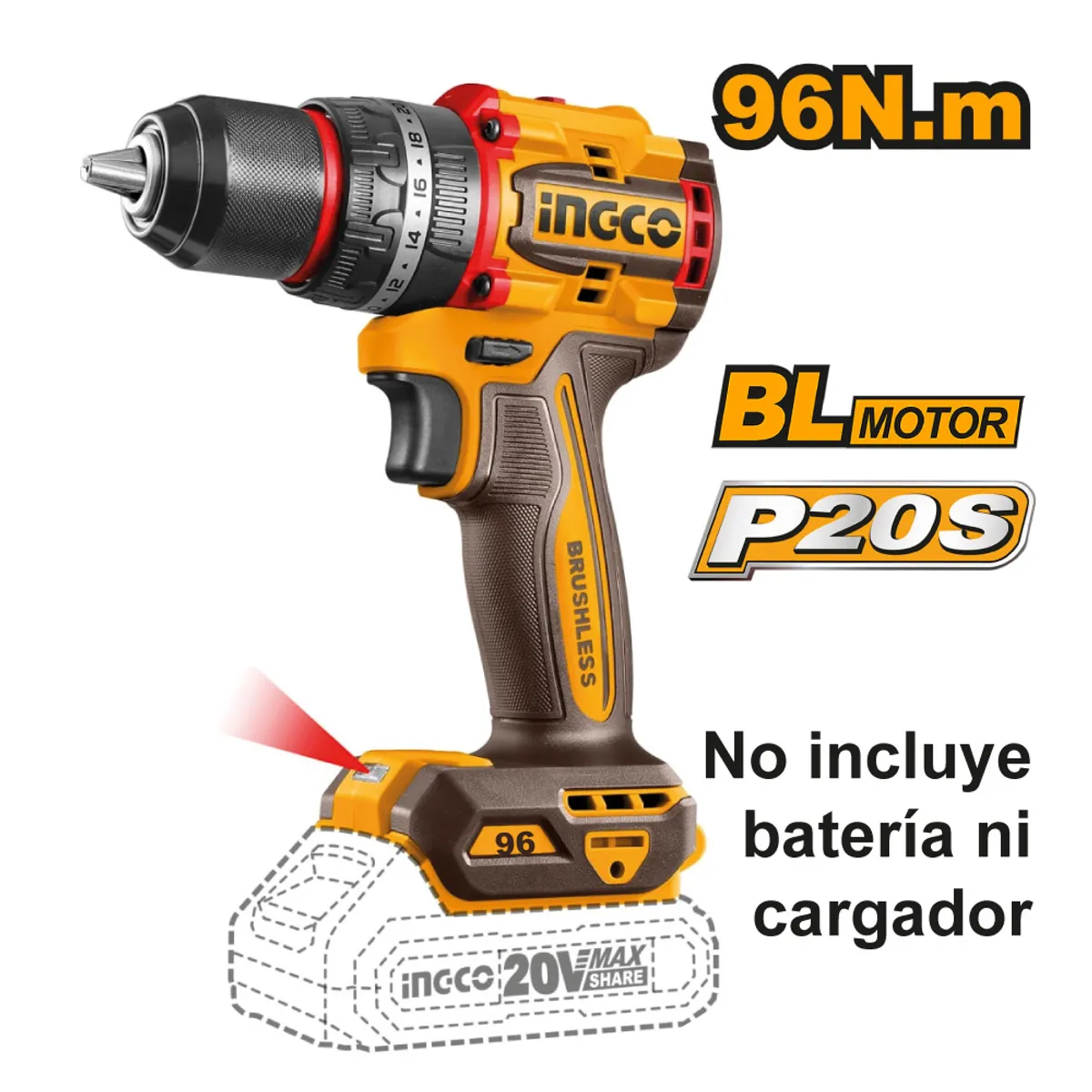 INGCO TOOLS - TALADRO PERCUTOR BRUSHLESS CHUCK METÁLICO INGCO 20V 96NM CIDLI209681