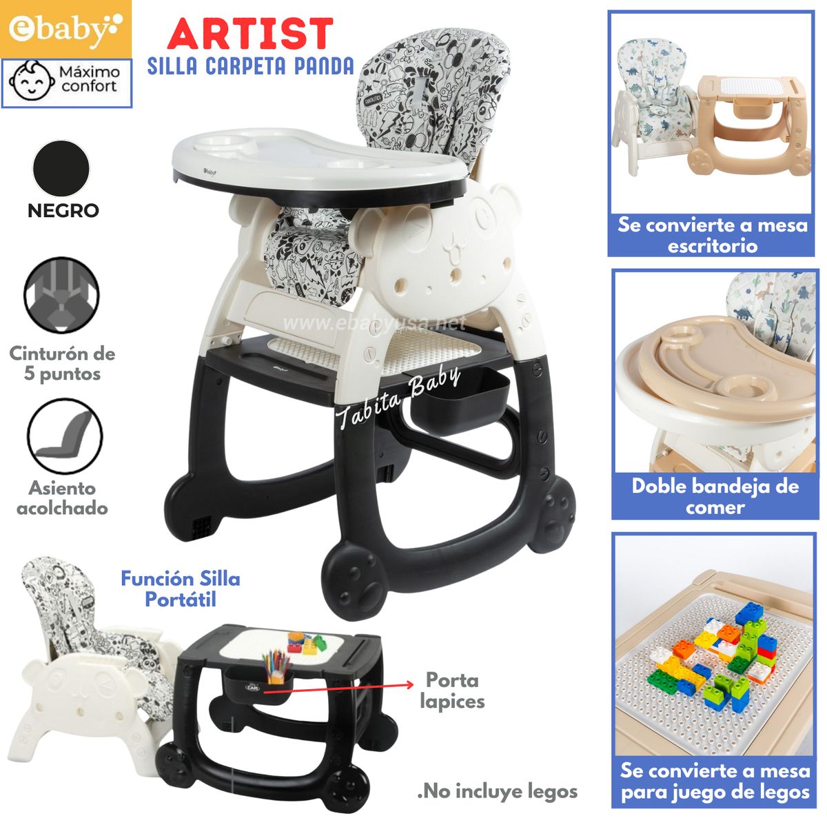 EBABY - Silla de Comer para bebe Carpeta Artist Negro