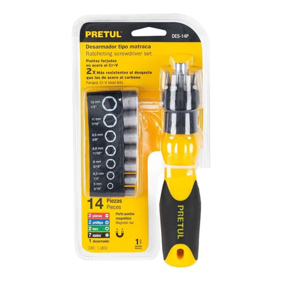 PRETUL - Desarmador Tipo Matraca Con 6 Puntas Y 7 Dados