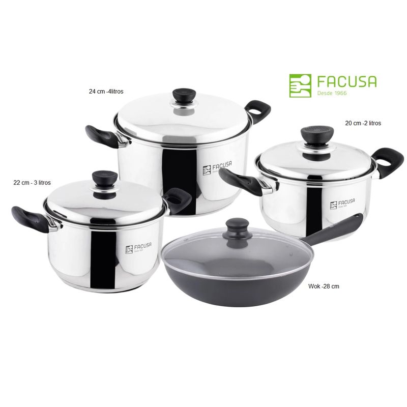 FACUSA - Juego de Ollas + Wok 28 cm  Acero Inoxidable Facusa