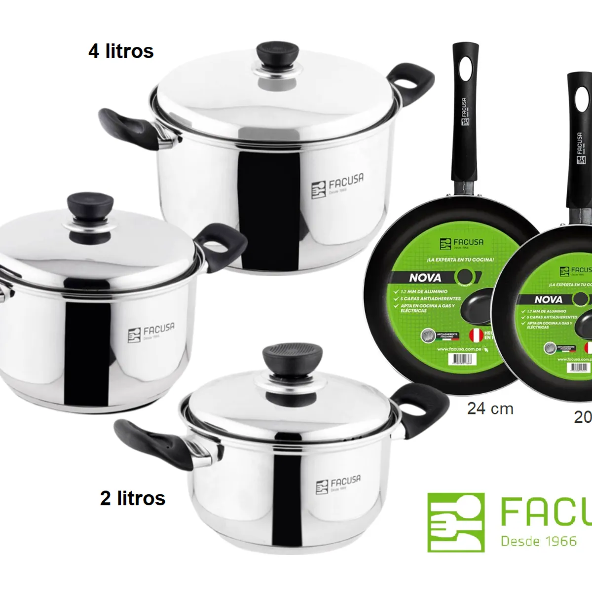 FACUSA - Juego de Ollas 6 piezas Acero Inoxidable Facusa con 2 sartenes