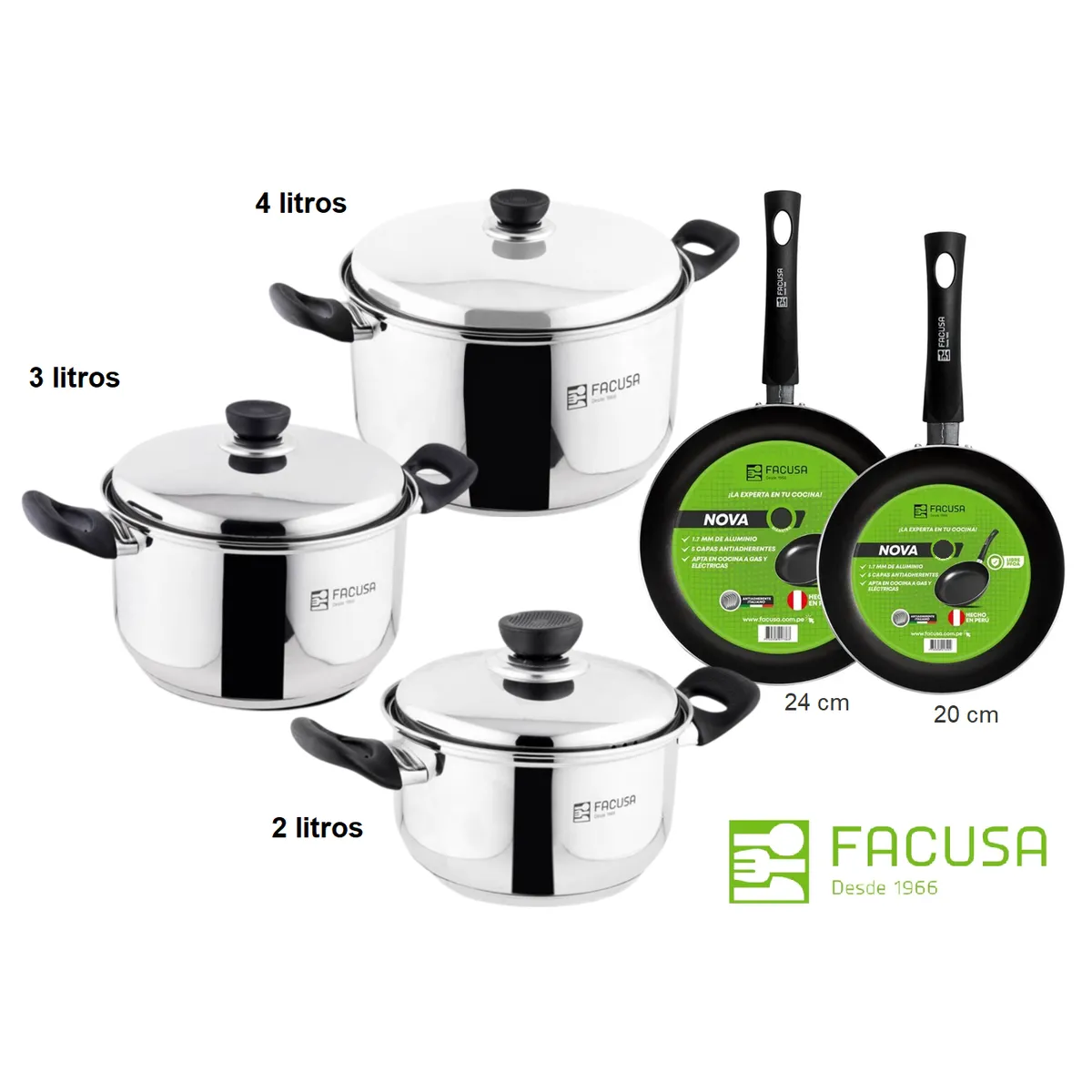 FACUSA - Juego de Ollas 6 piezas Acero Inoxidable Facusa con 2 sartenes