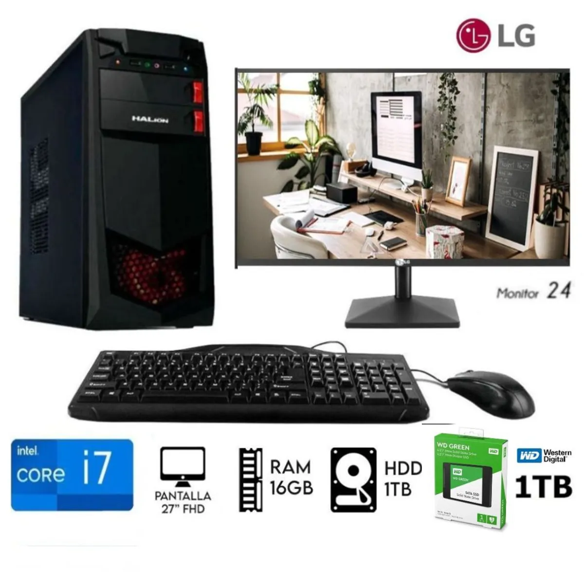 INTEL - Computadora PC Intel Core i7 RAM 16GB,  Disco HDD 1TB+SSD 1TB,  Monitor 24 LG