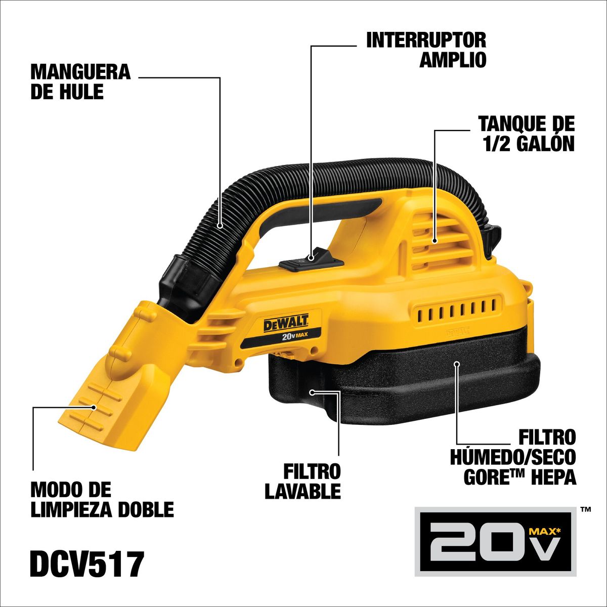 DEWALT - Aspiradora para Seco y Humedo 20V 1.9 Litros Dewalt DCV517B