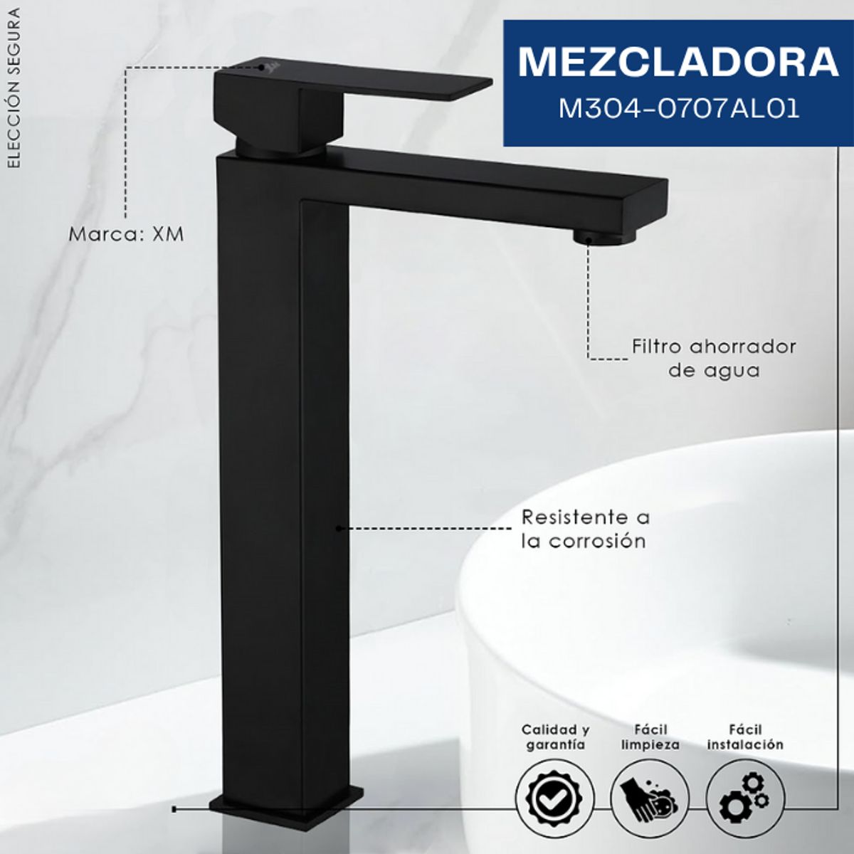 XM - MEZCLADORA MONOCOMANDO DE LAVATORIO ALTO NEGRO M304-0707AL01