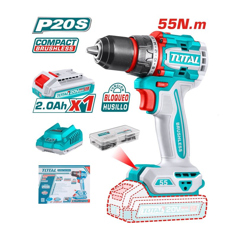 TOTAL TOOLS - TALADRO ATORNILLADOR 20V INDUSTRIAL 55NM BRUSHLESS 13MM TOTAL TDLI205582