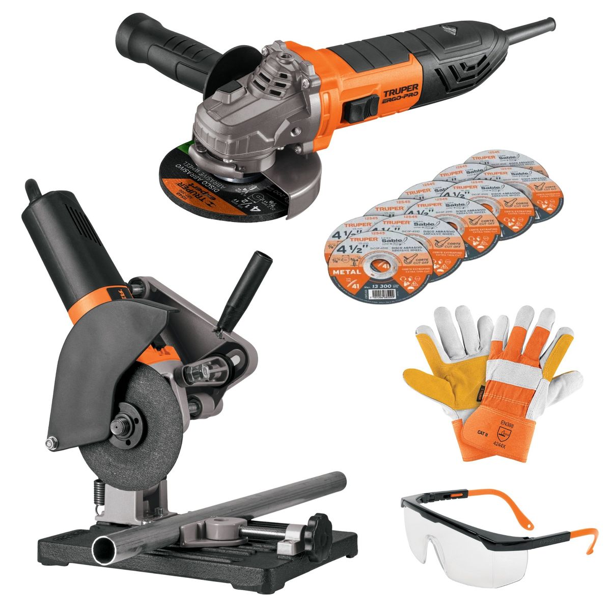 TRUPER - combo Amoladora 850W ERGO PRO Soporte tronzadora 10 discos de corte