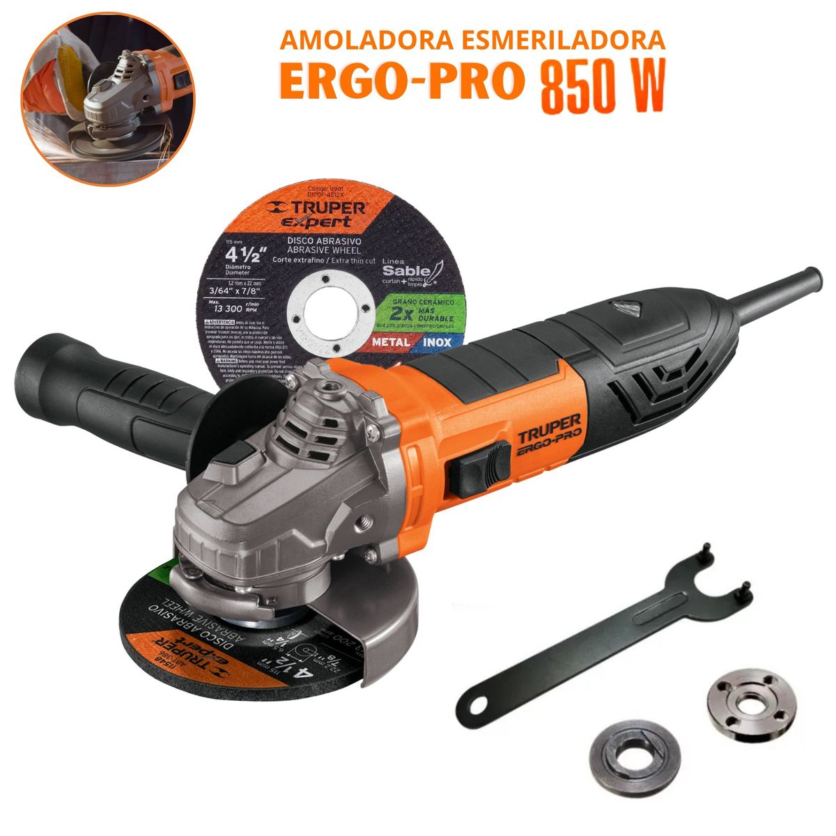 TRUPER - combo Amoladora 850W ERGO PRO Soporte tronzadora 10 discos de corte