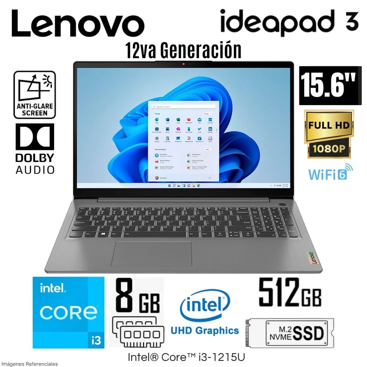 LENOVO - Laptop Lenovo IdeaPad 3 15IAU7 Intel Core i3-1215U 8GB RAM 512GB SSD 15.6" FHD - 82RK00WCLM